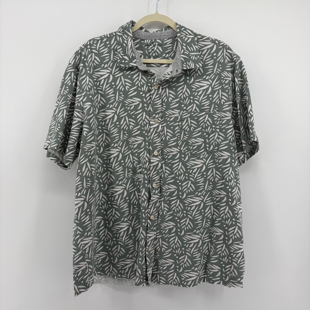 Tailor Vintage Mens Button Down Shirt Green Leaf Print Short Sleeve XL